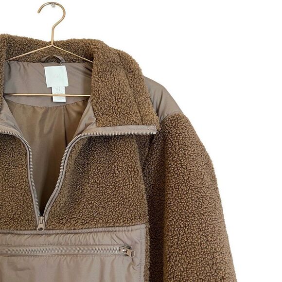 H&M Brown Sherpa Nylon Zipper Pocket Quarter Zip Pull Over Sherpa Jacket - Picture 2 of 7